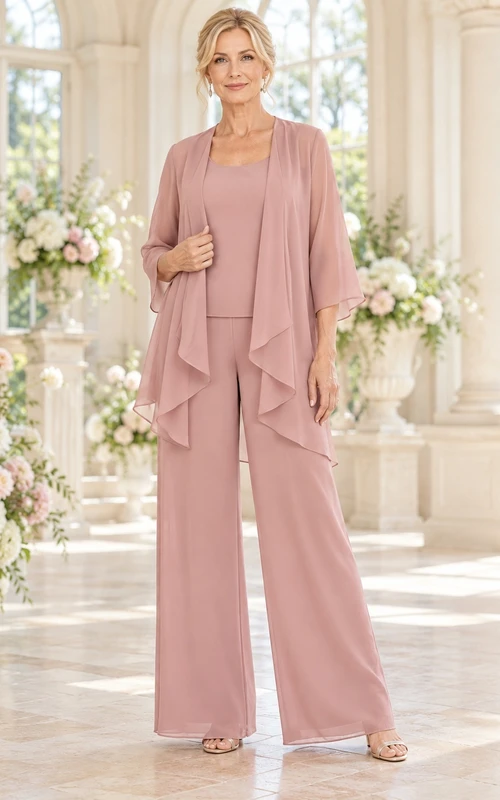 Dusty Rose Three-quarter Sleeve Waterfall Jacket Wide Leg Mother Pantsuit