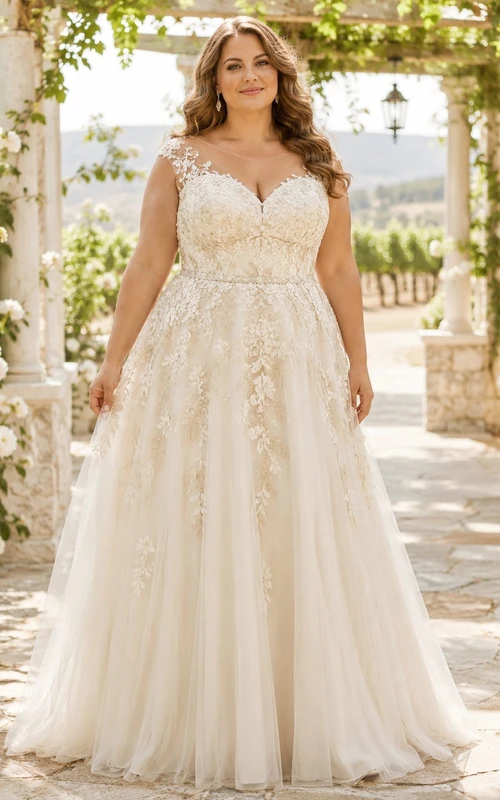 Robe de renouvellement de vœux élégante grande taille en dentelle ivoire, décolleté cœur, sans manches, ornée d'appliqués, coupe trapèze et longueur au sol
