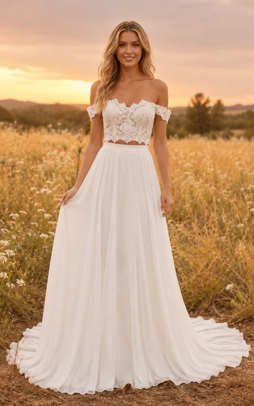 Two Piece Off Shoulder Lace Crop Meadow A Line Gown