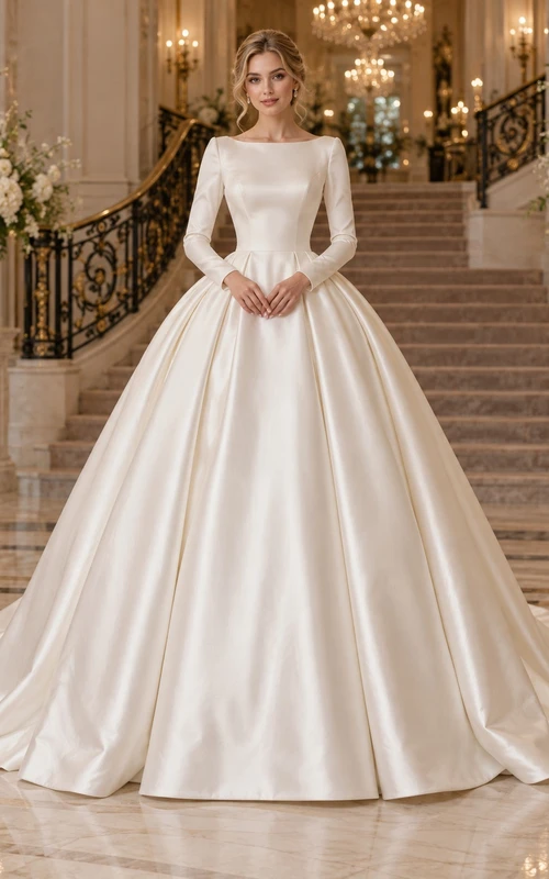 Modest Simple Long Sleeve Bateau Satin Ball Gown Wedding Dress