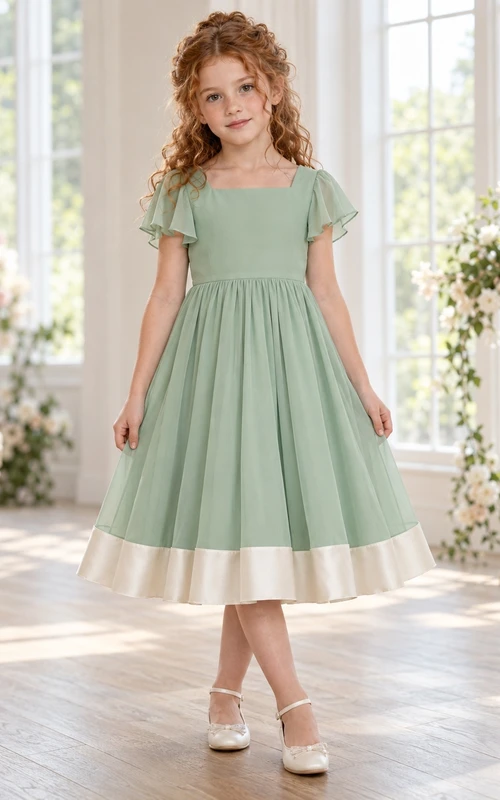 Modest Square Neck Sage Tea-length Wide Flutter Sleeve Full Banded Chiffon Flower Girl Dress