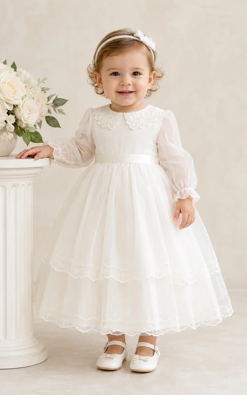 Sheer Organza Overlay Baby Christening A-Line Long Sleeve Tea-Length Dress Modest