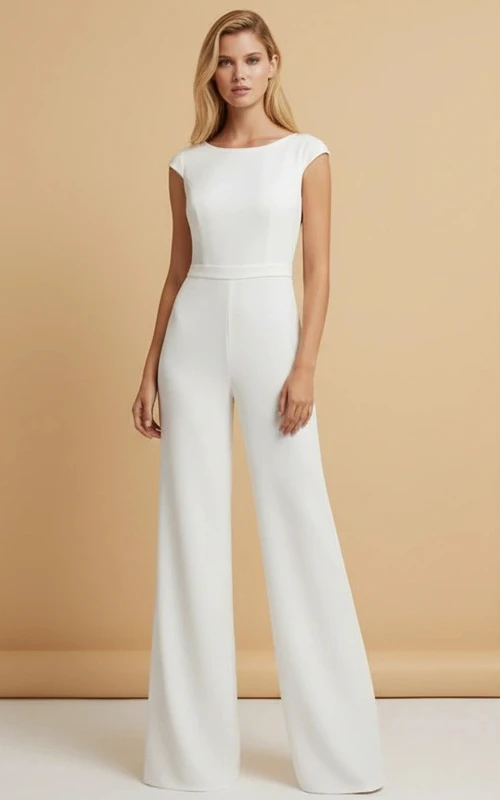 Mono de boda sin mangas, de cuello redondo y pernera ancha.