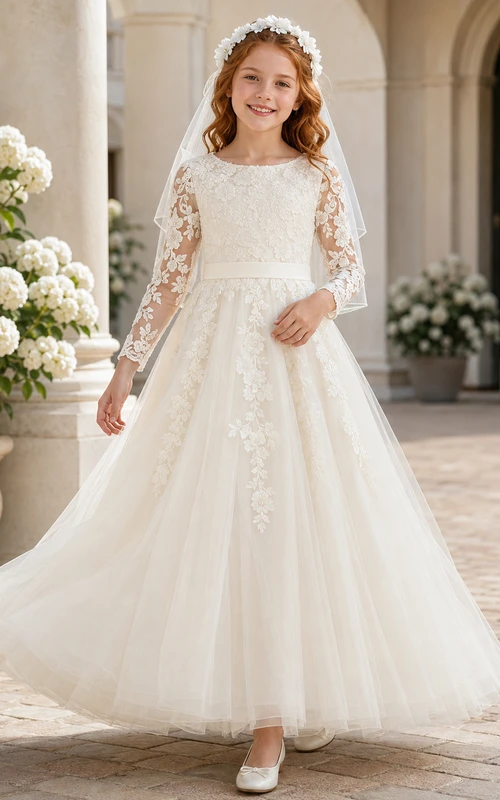 Vestido formal de comunión para niña de las flores, de manga larga, con apliques de encaje y tul.