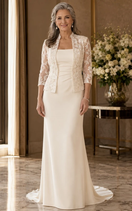 Vestido de novia clásico de encaje con cola larga y mangas tres cuartos estilo sirena.