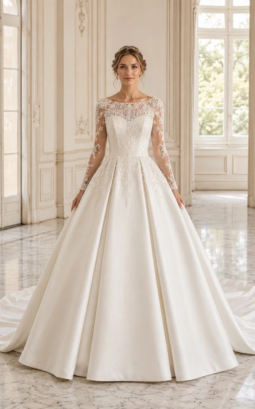 Vestido de novia elegante de satén con escote cuadrado, manga larga y cola catedral.