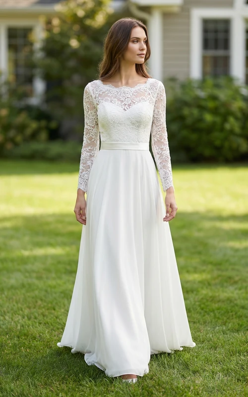 Schlichtes Brautkleid aus Spitze und Chiffon mit U-Boot-Ausschnitt