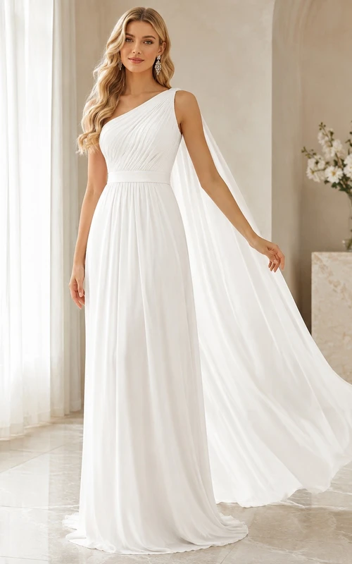 Bridal Satin One Shoulder Sleeveless Cape A-Line Wedding Gown