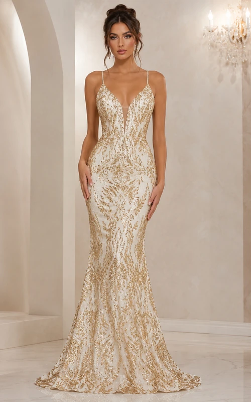 Vestido de fiesta de lentejuelas color marfil y dorado con escote en V profundo y corte sirena.