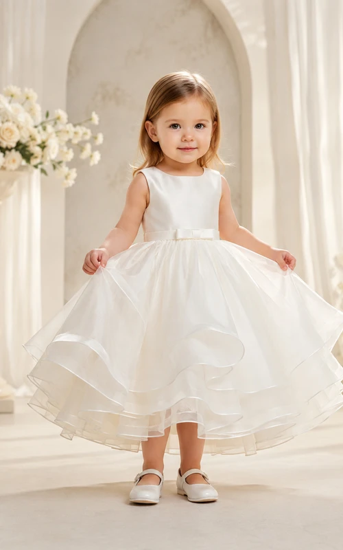 Satin Bodice Organza Skirt Baby Christening A-Line Sleeveless Dress Simple