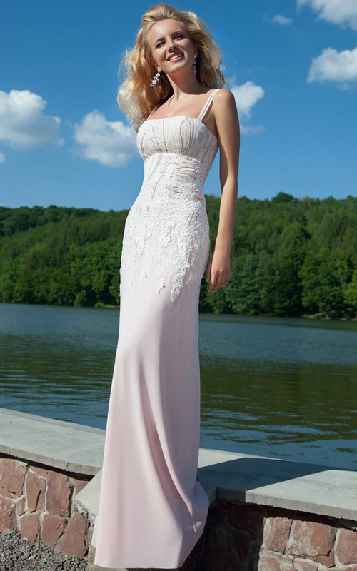 Etuikleid aus Chiffon, bodenlang, ärmellos, mit Perlen und Applikationen, mit Trägern