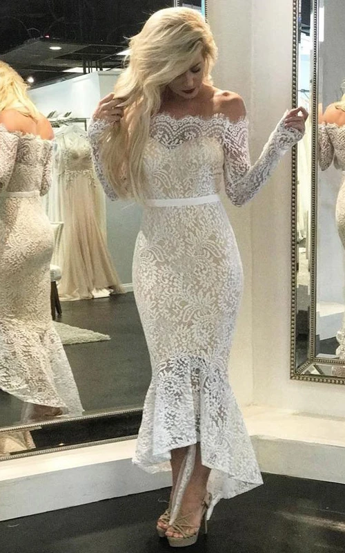 Langärmeliges, schulterfreies, transparentes Meerjungfrauen-Bleistiftkleid aus Spitze in Knöchellänge im Vintage-Stil