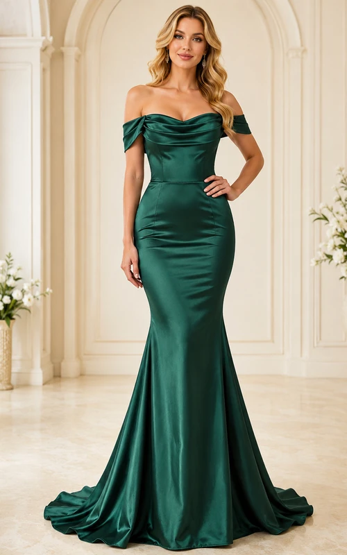 Dunkelgrünes schulterfreies Abendkleid aus Satin mit Meerjungfrauenschnitt und Schleppe für den Empfang