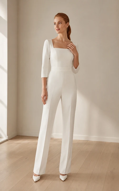 Combinaison de mariage minimaliste en satin, col bateau, manches 3/4, longueur au sol
