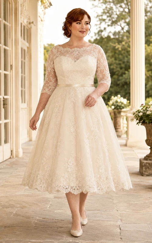 Klassisches Brautkleid in Übergröße im Vintage-Stil mit dezenter Spitze, Dreiviertelärmeln, A-Linie und Teelänge