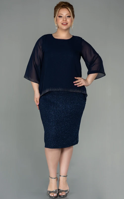 Vestido de talla grande para la madre de la novia, de manga larga, corte lápiz y largo hasta la rodilla con lentejuelas y escote barco.