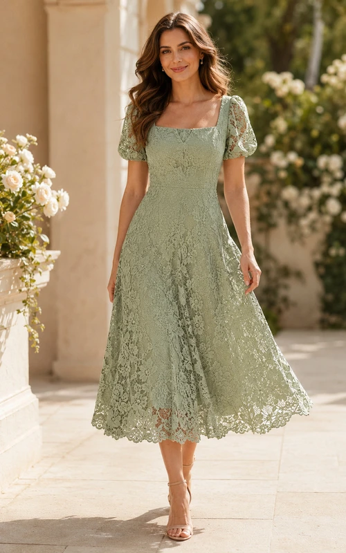 Vestido de encaje romántico de encaje, largo hasta la rodilla, cuello cuadrado, mangas abullonadas, para invitadas