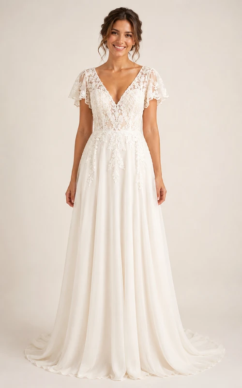 Simple Casual A-Line Wedding Dress Short Sleeve V-Neck Lace Chiffon Floor Length Sweep Train White