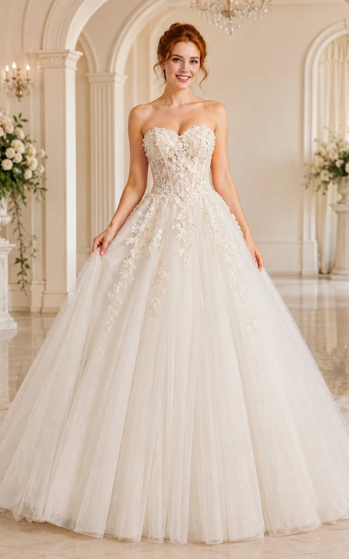 Robe de mariée romantique bustier en tulle ornée de dentelle et d'appliqués, décolleté cœur, style chapelle