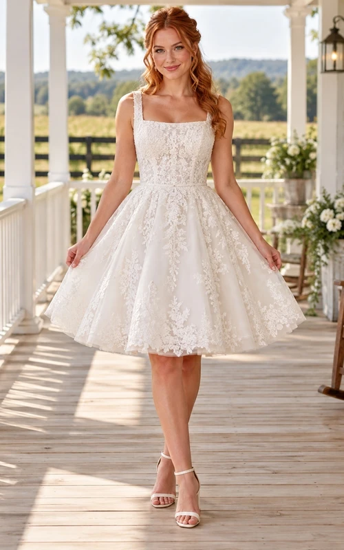 Square Neck Country Knee Length Floral Lace Sleeveless A-line Wedding Dress