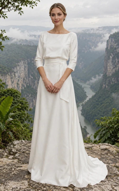 Schlichtes Brautkleid aus Baumwollsatin mit U-Boot-Ausschnitt, Dreiviertelärmeln und Blousonrock