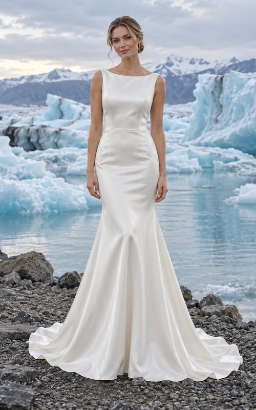 Sencillo vestido de novia de satén estilo sirena con escote barco y espalda en V sin mangas.