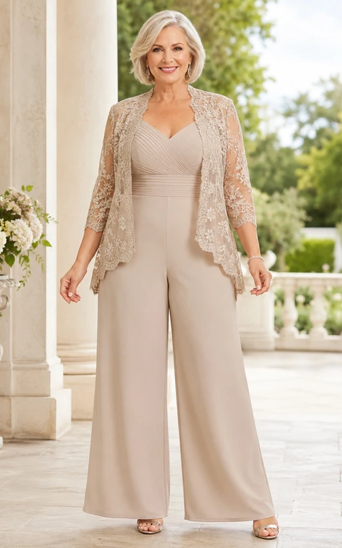 Champagnerfarbener Spitzenjumpsuit von Mother mit V-Ausschnitt-Spitzenjacke und weit geschnittener Hose