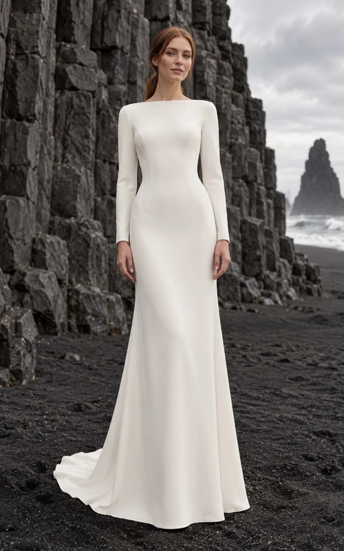 Vestido de novia de crepé de manga larga con escote barco y espalda abotonada.