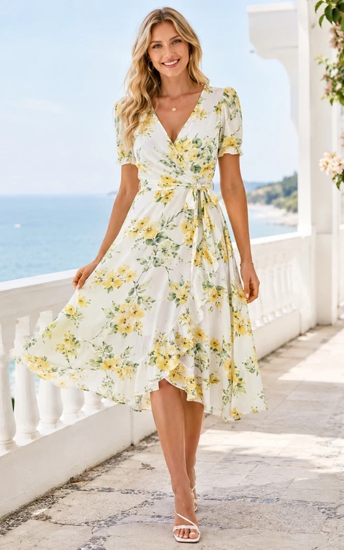 Weiß-gelbes, geblümtes Chiffon-Gästekleid mit V-Ausschnitt, kurzen Ärmeln und Teelänge