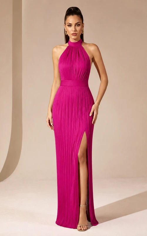 Fuchsia Halter Sleeveless Ruched Split Sheath Evening Dress