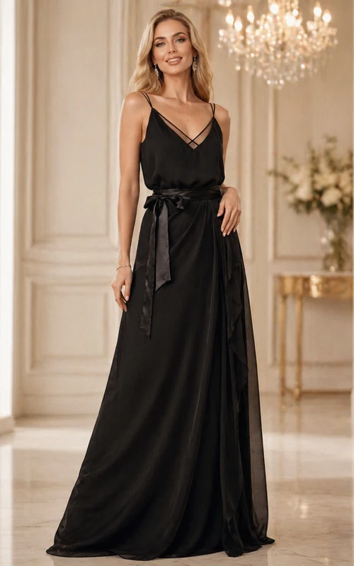 Bodenlanges Chiffon- und Tüllkleid mit Spaghettiträgern, V-Ausschnitt und Illusionseffekt