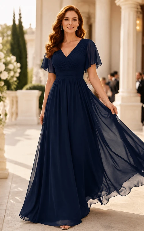 Dark Navy V-Neck Chiffon Black Tie Guest Dress