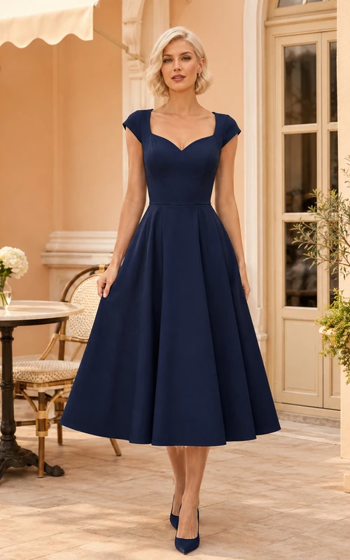 Vestido de cóctel formal clásico de satén azul marino oscuro con escote corazón, mangas cortas, corte en A y largo hasta la rodilla.