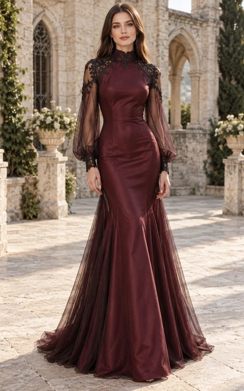 Vestido de dama de honor ajustado, estilo sirena, gótico, de satén burdeos con encaje y cuello alto, manga larga.