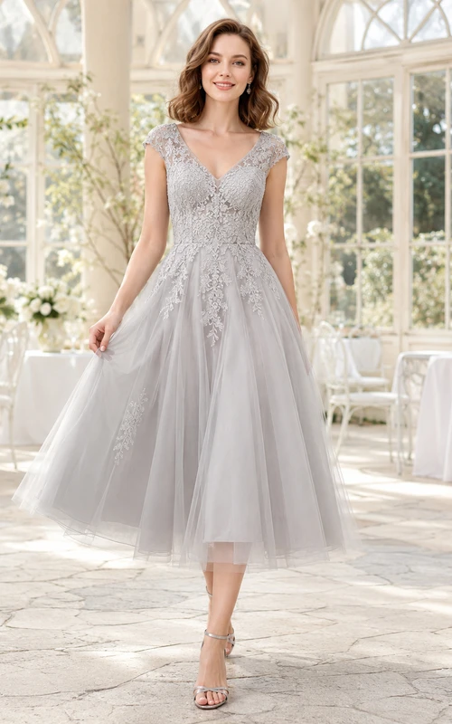 Robe de mariée mi-longue en tulle et dentelle gris argenté à bretelles rondes, style jardin