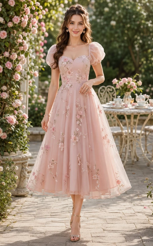 Vestido de fiesta adorable de corte A, largo hasta la rodilla, con estampado floral y mangas abullonadas, en tono rosa empolvado.