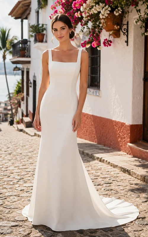 Robe de mariée fourreau en crêpe à bretelles et encolure carrée moderne, idéale pour une destination côtière