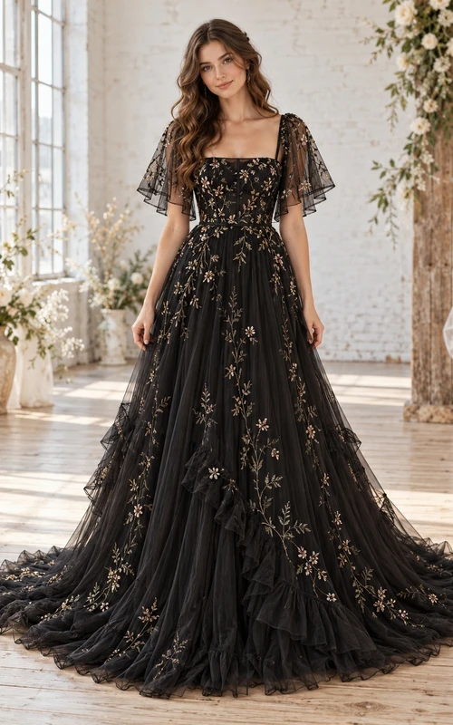 Boho Black Square Neck Flutter Sleeve Embroidered Wedding Dress