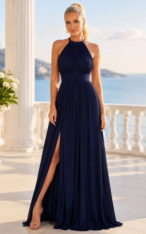 Vestido de gasa azul marino oscuro con escote halter, sin mangas y abertura frontal, corte en A