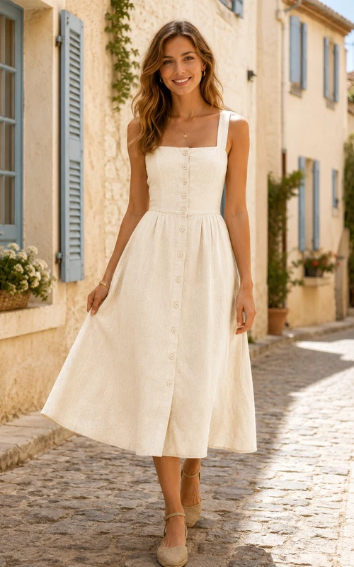 Cream square neck wide strap linen vacation midi dress