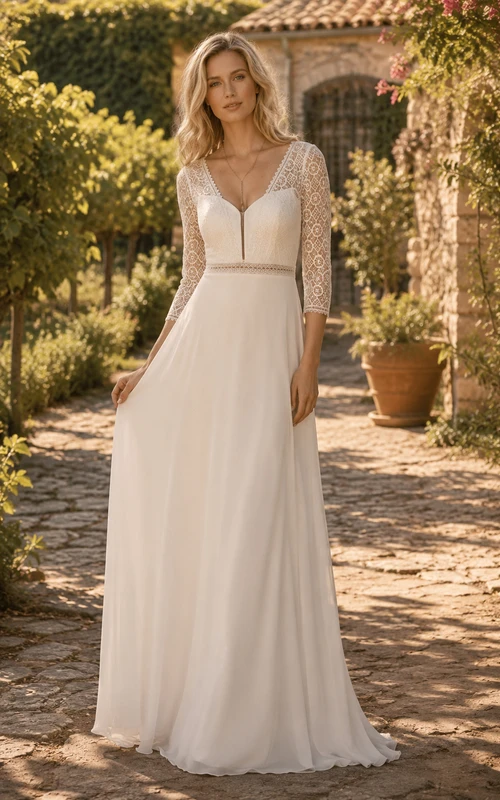 Vestido de novia de dos piezas de encaje con mangas largas color marfil