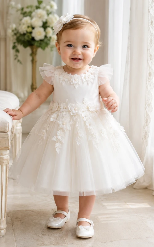 Baby Baptism Christening Ceremony Dress A-Line Tea-Length Jewel Neck Cap Sleeve Tulle Lace 3D Flower Floral Detail Floral Applique Button Back