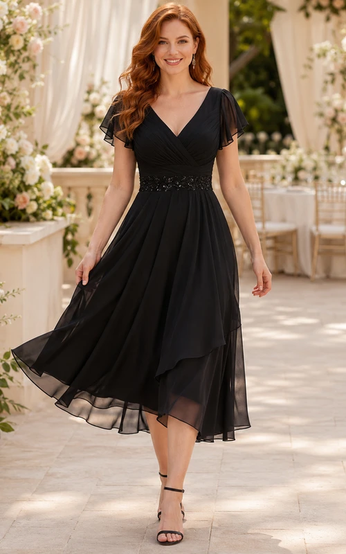 Robe de mariée champêtre en mousseline noire à col V et manches courtes, longueur thé, style jardin