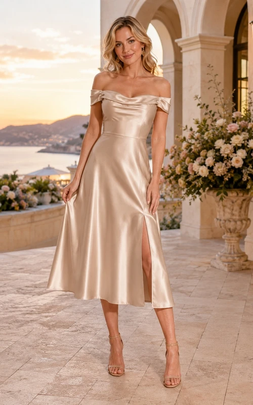 Vestido romántico de satén de corte A, manga corta, largo midi, estilo corte A, con hombros descubiertos, ideal para recepciones con champán.