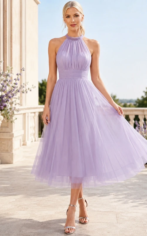 Lavender Tulle Halter Sleeveless A-Line Tea-Length Occasion Dress