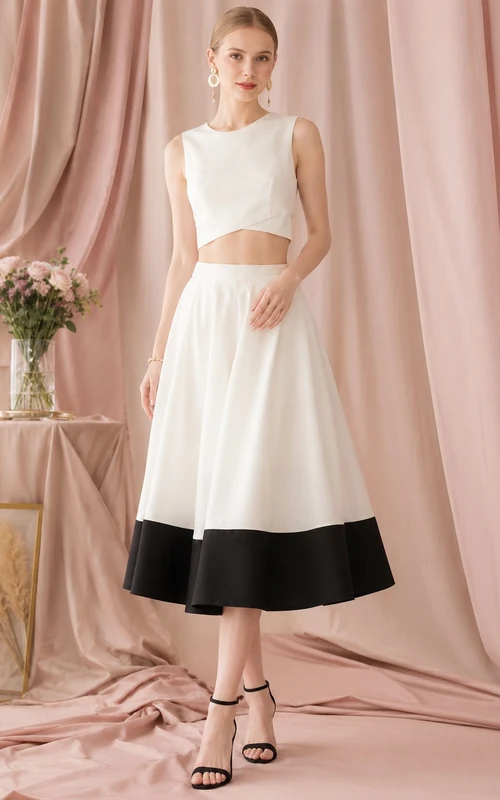 Modernes, zweiteiliges, ärmelloses, teelanges Satin-Gästekleid in Schwarz und Weiß