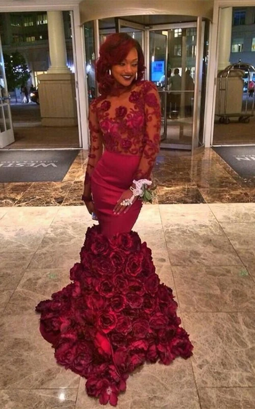 Robe de bal sirène à manches longues en dentelle et fleurs, longueur au sol
