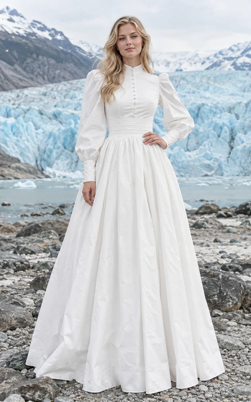 Vestido de novia sencillo de popelina tejida, largo hasta el suelo, con mangas largas, cuello alto, corte en A y botones.