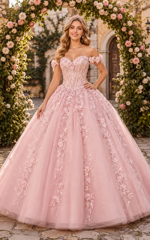 Vestido de quinceañera de princesa romántico con encaje, escote corazón y arco floral rosa, sin hombros, estilo princesa.