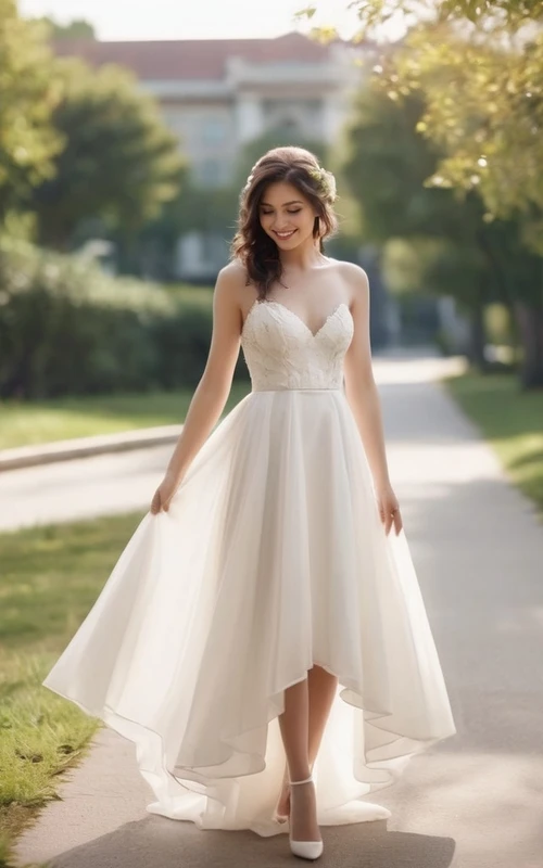 Vestido de novia de corte imperio con escote corazón, corte A, asimétrico y largo hasta la rodilla.